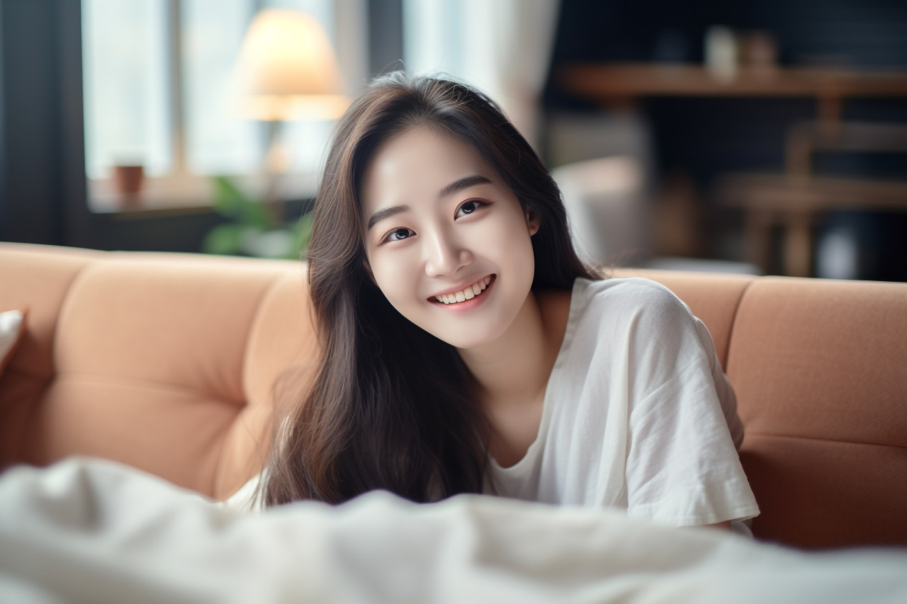 Photo of a happy asian teenage girl relaxing in her living room at home