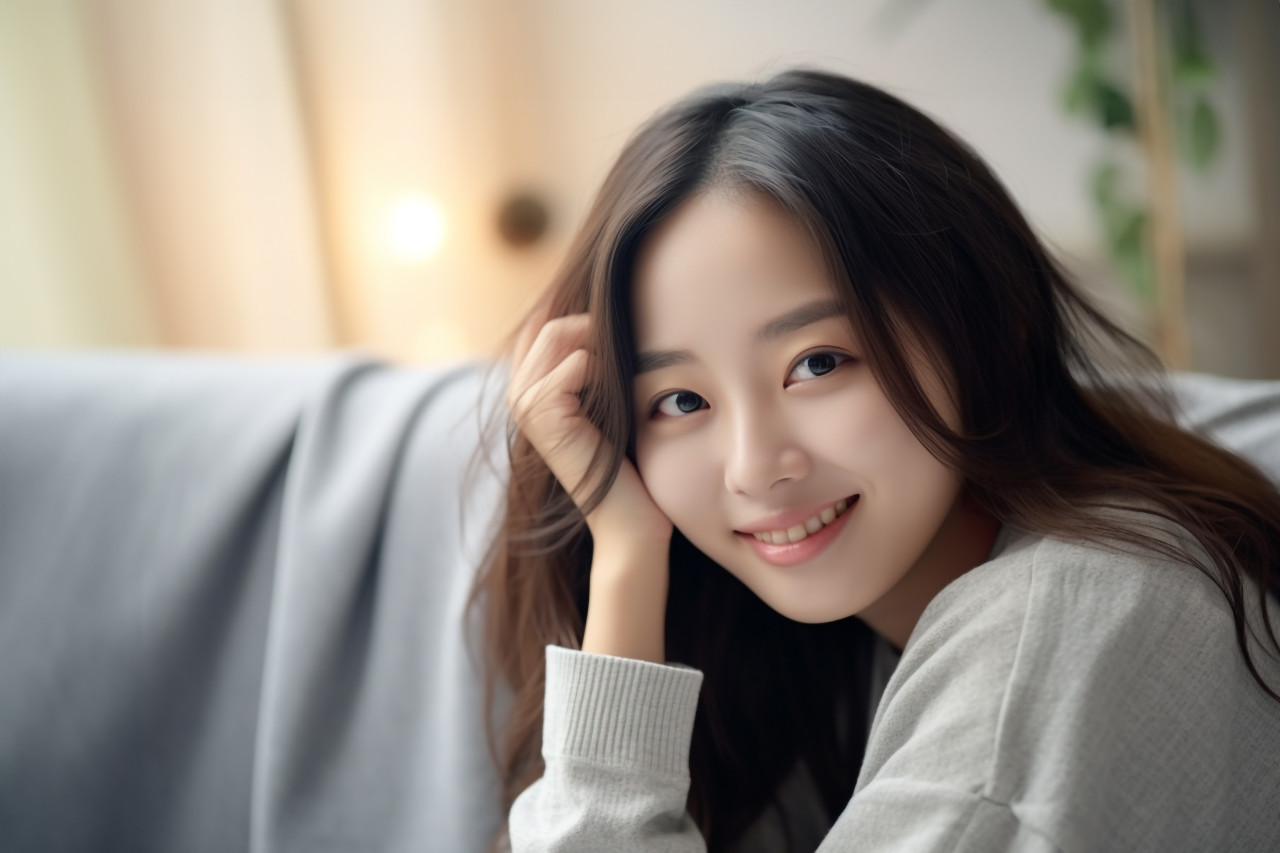 Photo of a happy asian teenage girl relaxing in her living room at home