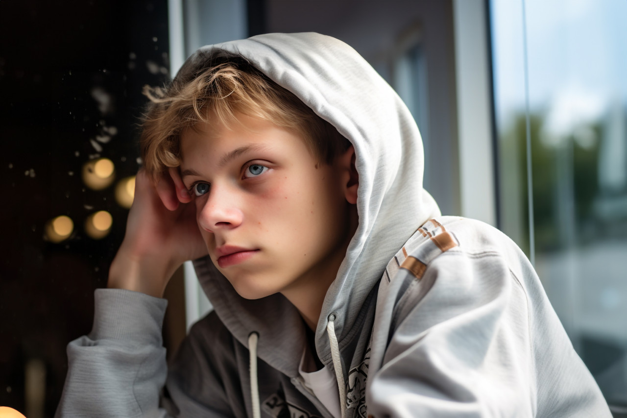 A thoughtful teenager looking at their reflection in a window