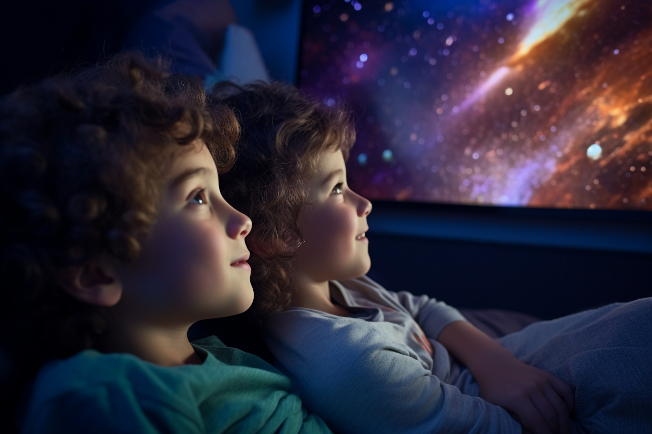 A picture of two children watching tv late at night in their bedroom