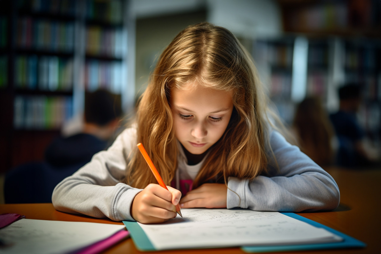 Picture of a young focused school or college girl with a pen in her hand
