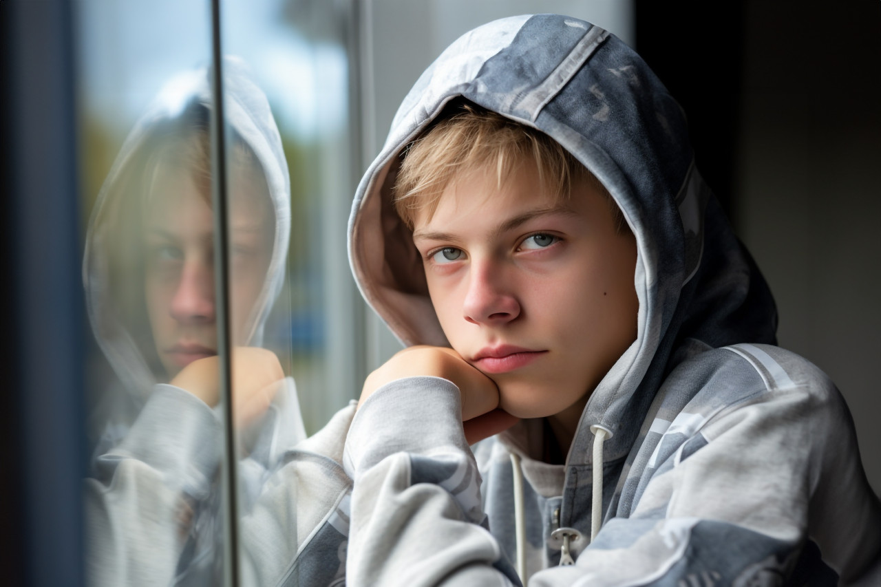 A thoughtful teenager looking at their reflection in a window