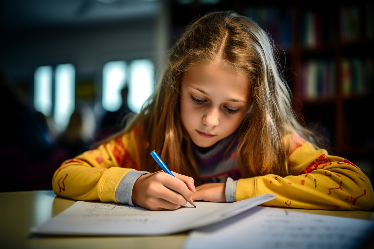 Picture of a young focused school or college girl with a pen in her hand