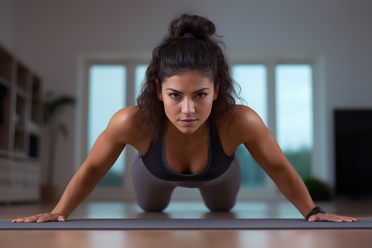 Picture of a healthy athletic hispanic girl stretching on a yoga mat at home while following an online yoga workout