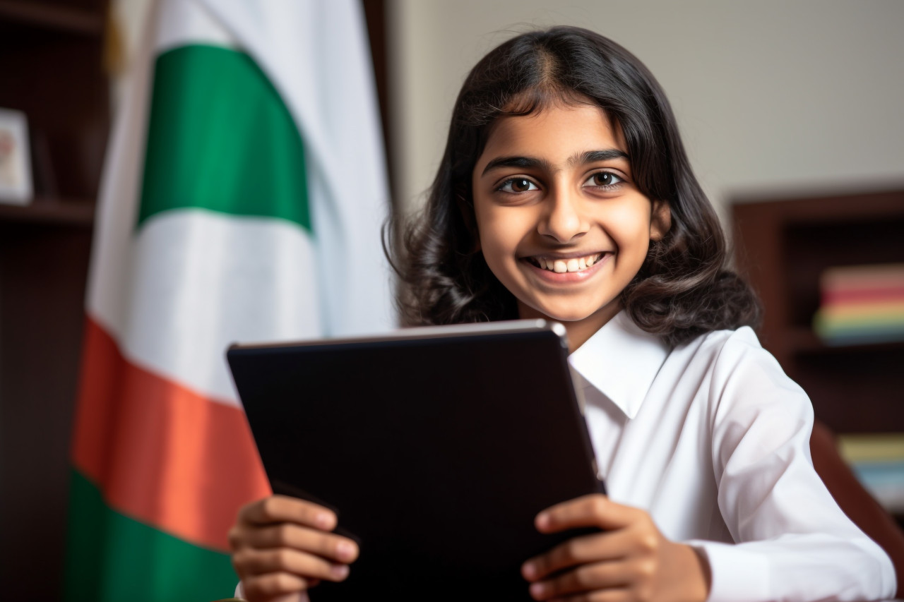 A photo of a happy arab indian girl student taking a video class on a digital tablet
