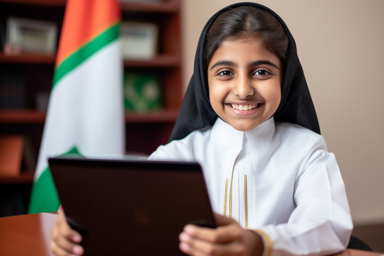 A photo of a happy arab indian girl student taking a video class on a digital tablet