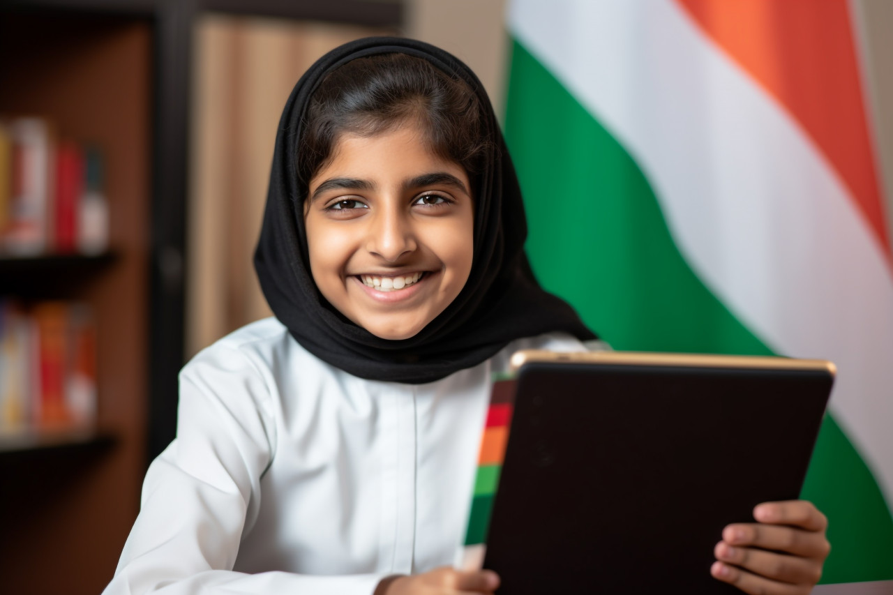 A photo of a happy arab indian girl student taking a video class on a digital tablet