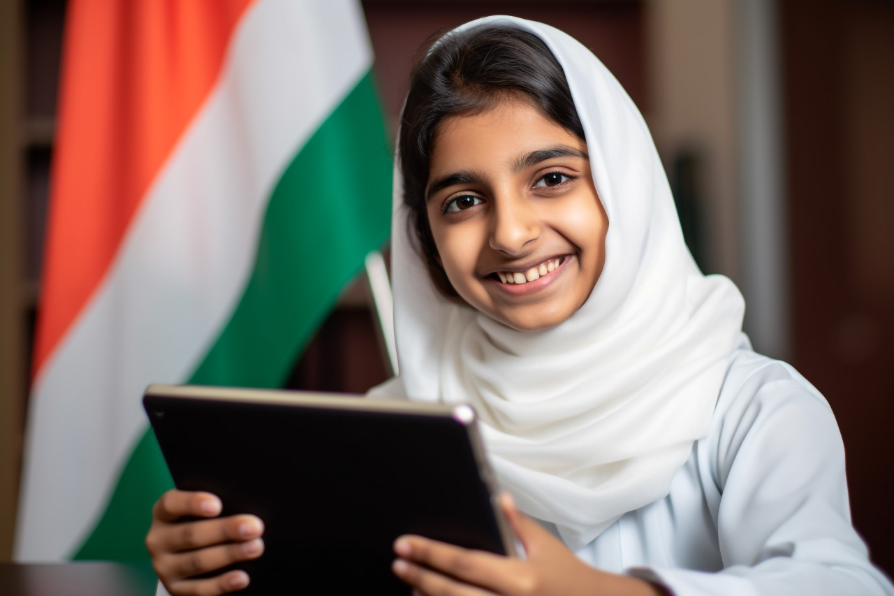 A photo of a happy arab indian girl student taking a video class on a digital tablet