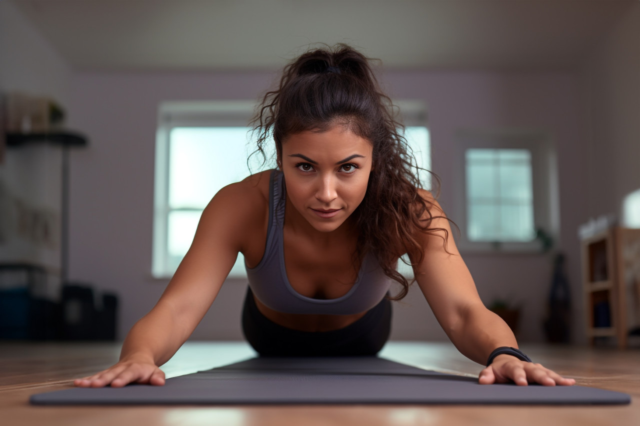 Picture of a healthy athletic hispanic girl stretching on a yoga mat at home while following an online yoga workout