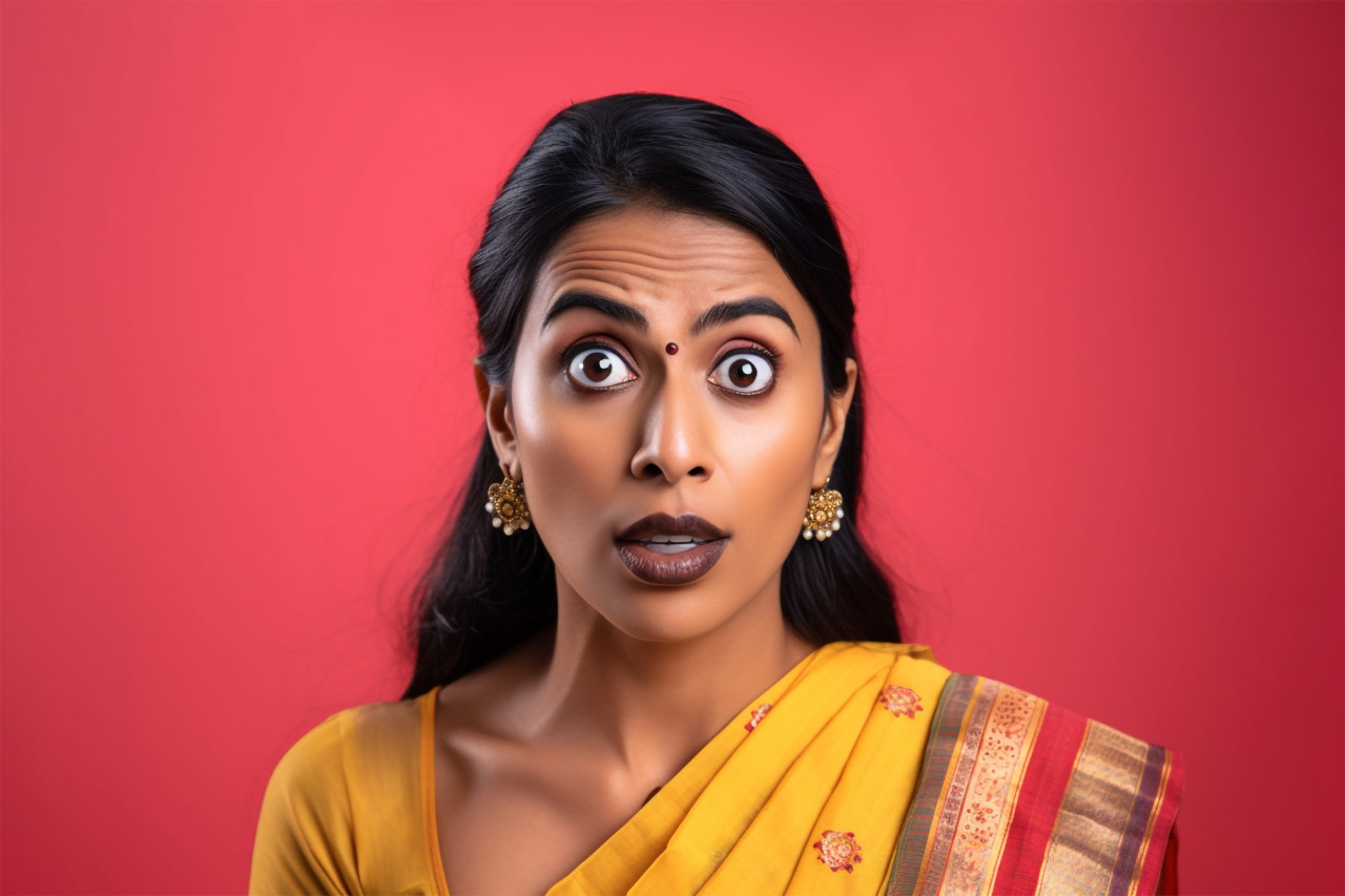 A photo of a stunned indian woman using her phone to look at shocking news online with a yellow background