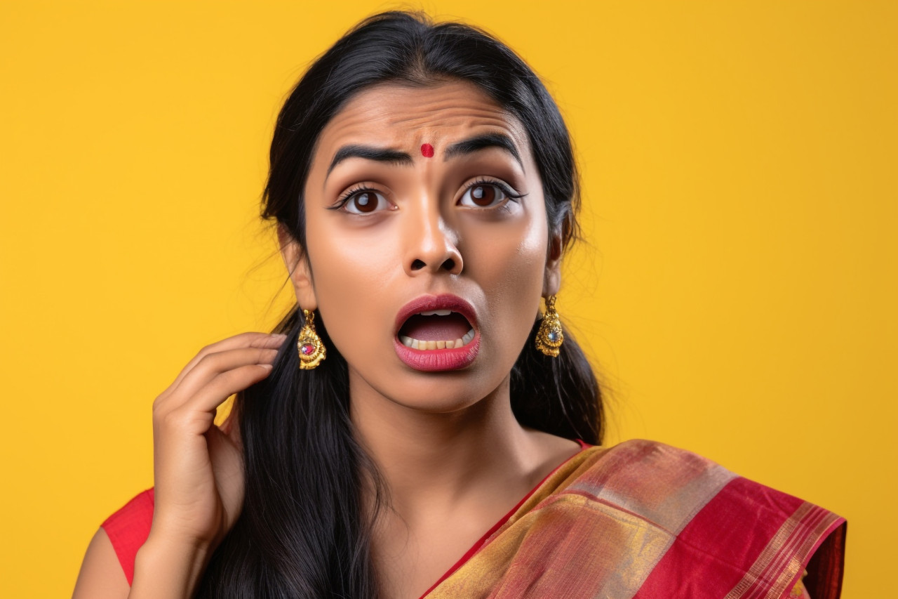 A photo of a stunned indian woman using her phone to look at shocking news online with a yellow background