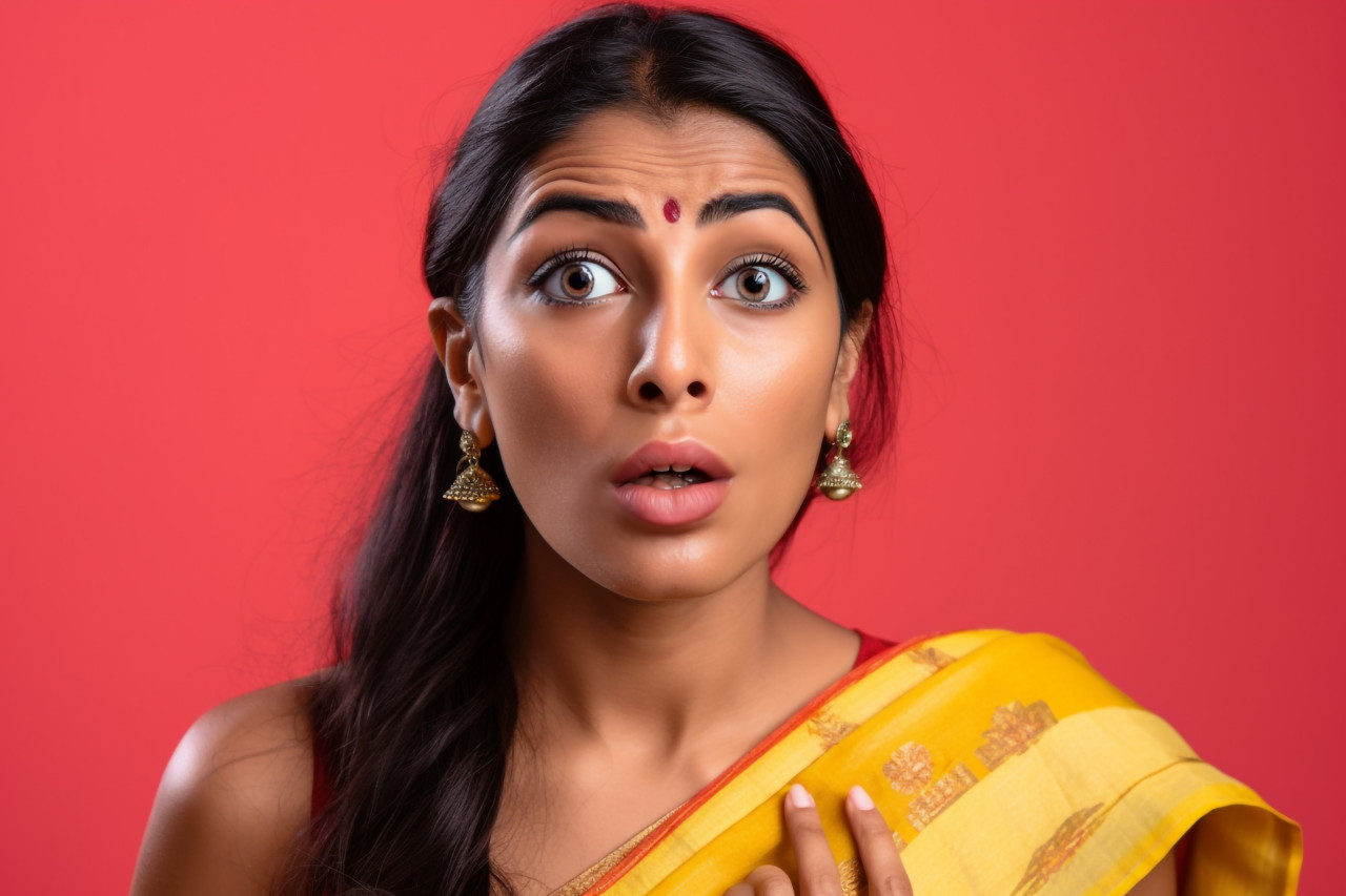 A photo of a stunned indian woman using her phone to look at shocking news online with a yellow background