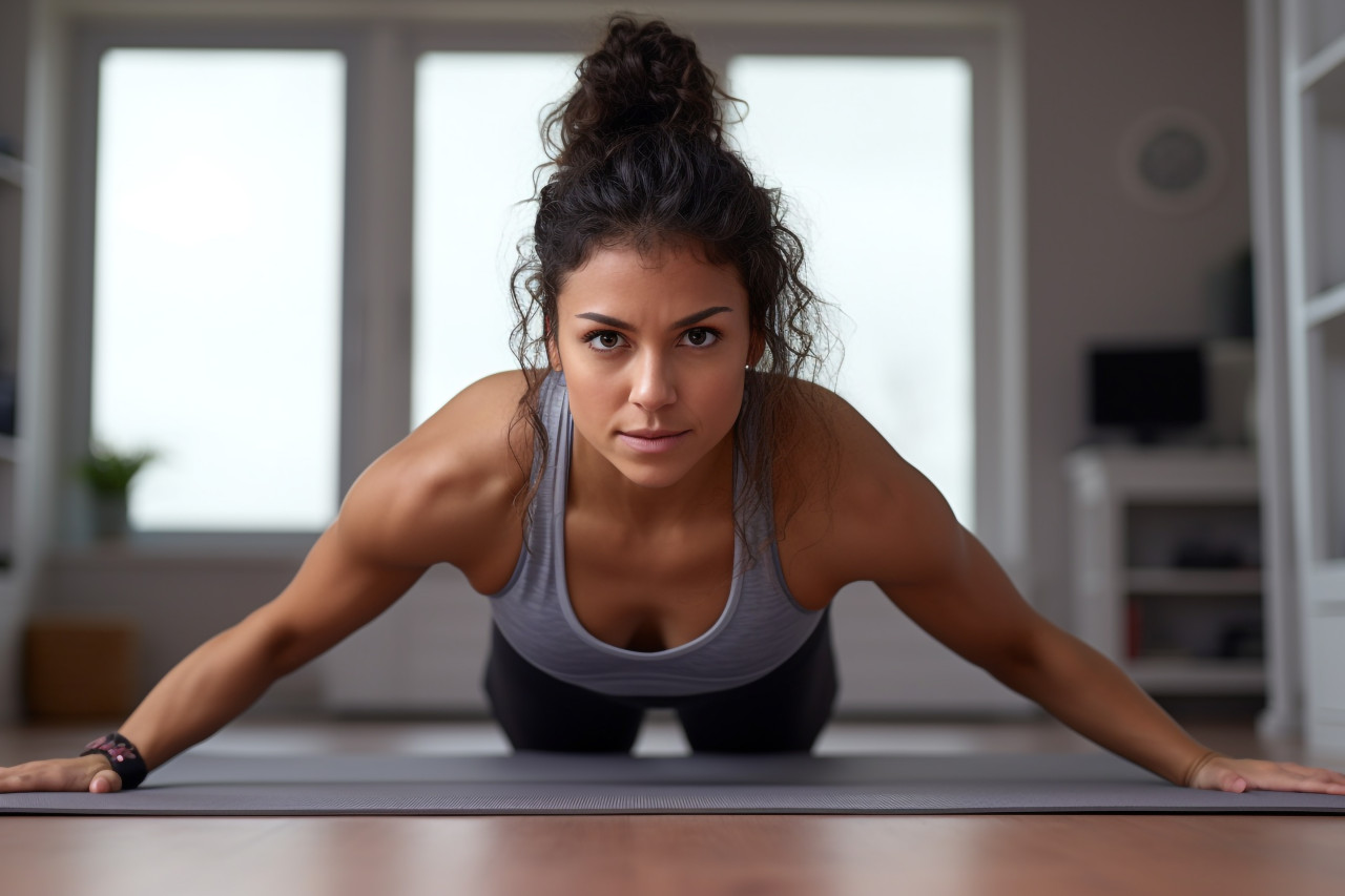 Picture of a healthy athletic hispanic girl stretching on a yoga mat at home while following an online yoga workout