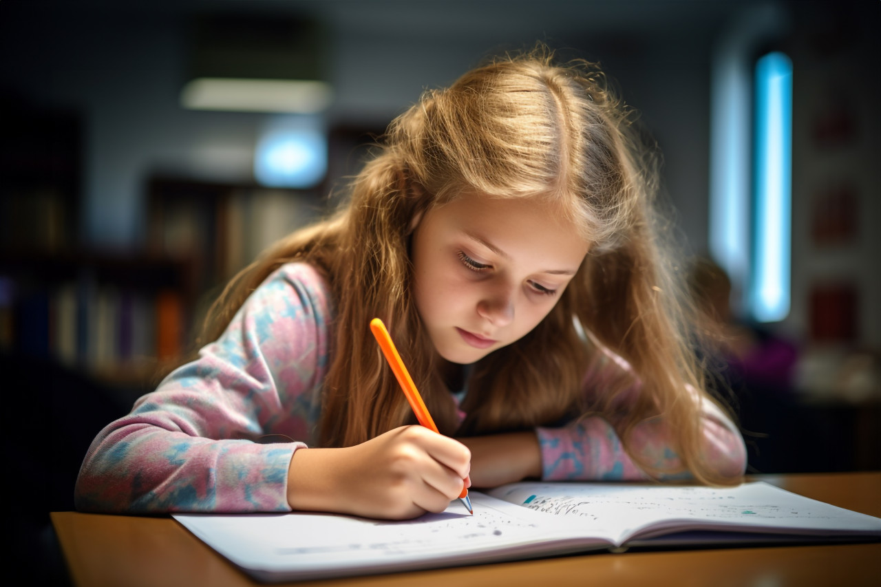 Picture of a young focused school or college girl with a pen in her hand