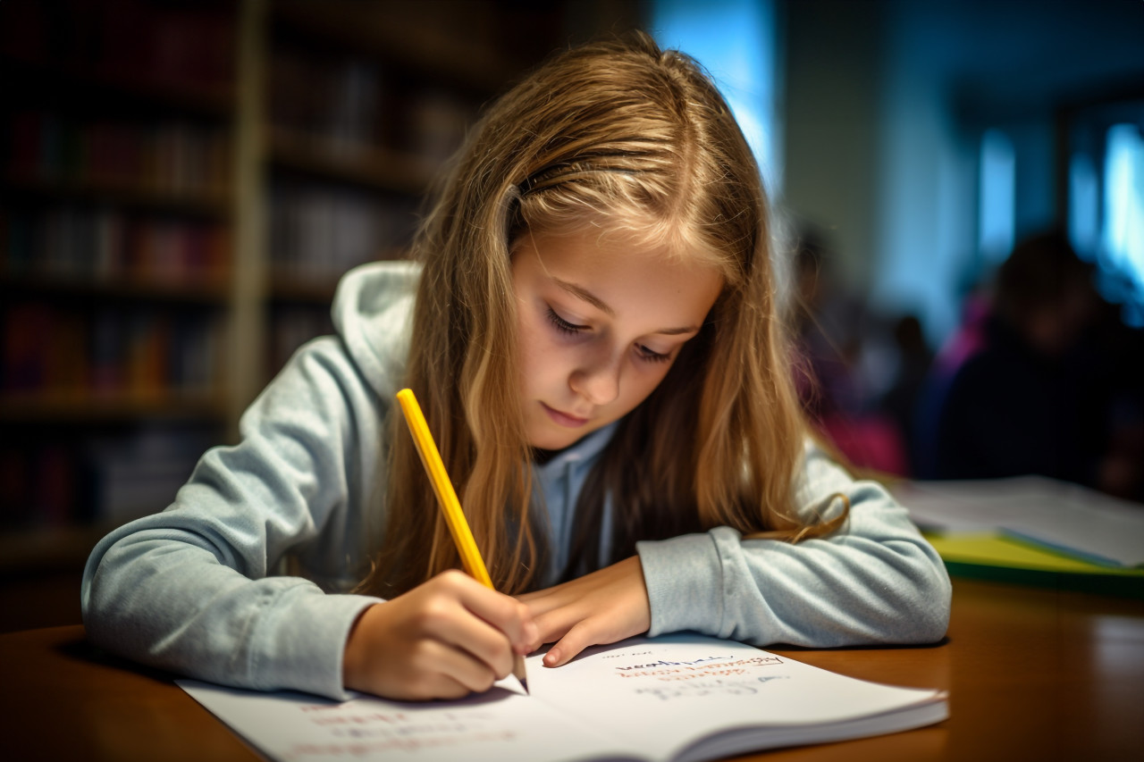Picture of a young focused school or college girl with a pen in her hand