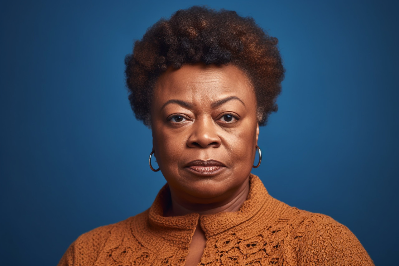 A picture of a serious and plump black woman wearing a blue sweater and standing in front of a plain brown background