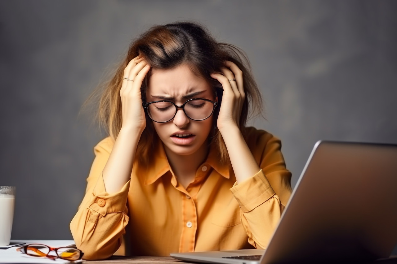 Photo of tired young woman who is overwhelmed by computer work and has blurry vision