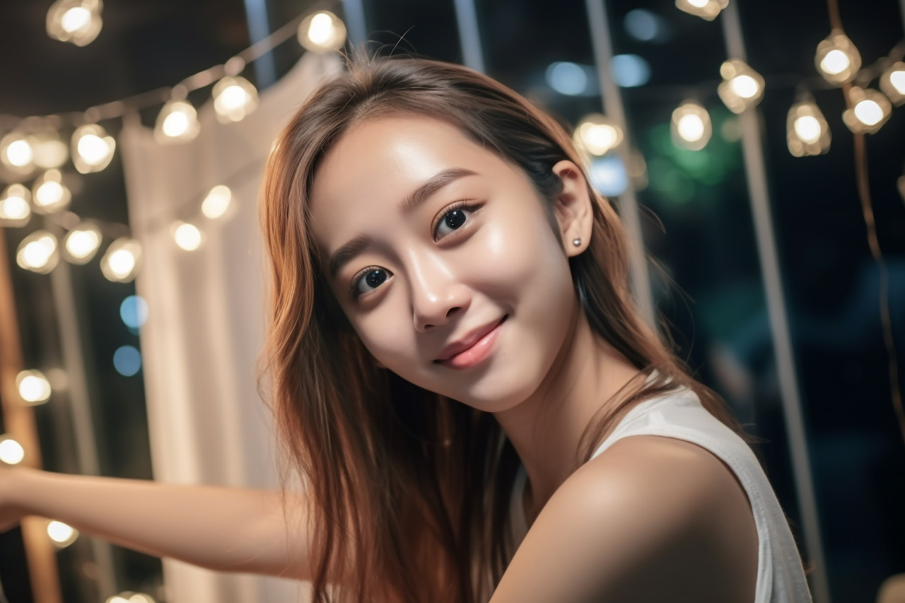 Photo of happy teenage asian woman smiling and looking at camera while relaxing in living room at night