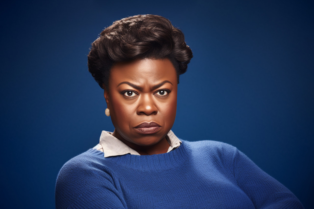 A picture of a serious and plump black woman wearing a blue sweater and standing in front of a plain brown background