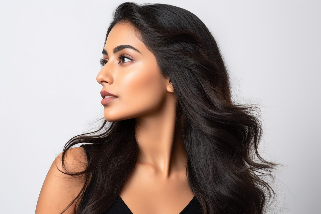 A headshot of a beautiful young indian woman looking at the camera standing in front of a white wall in a studio