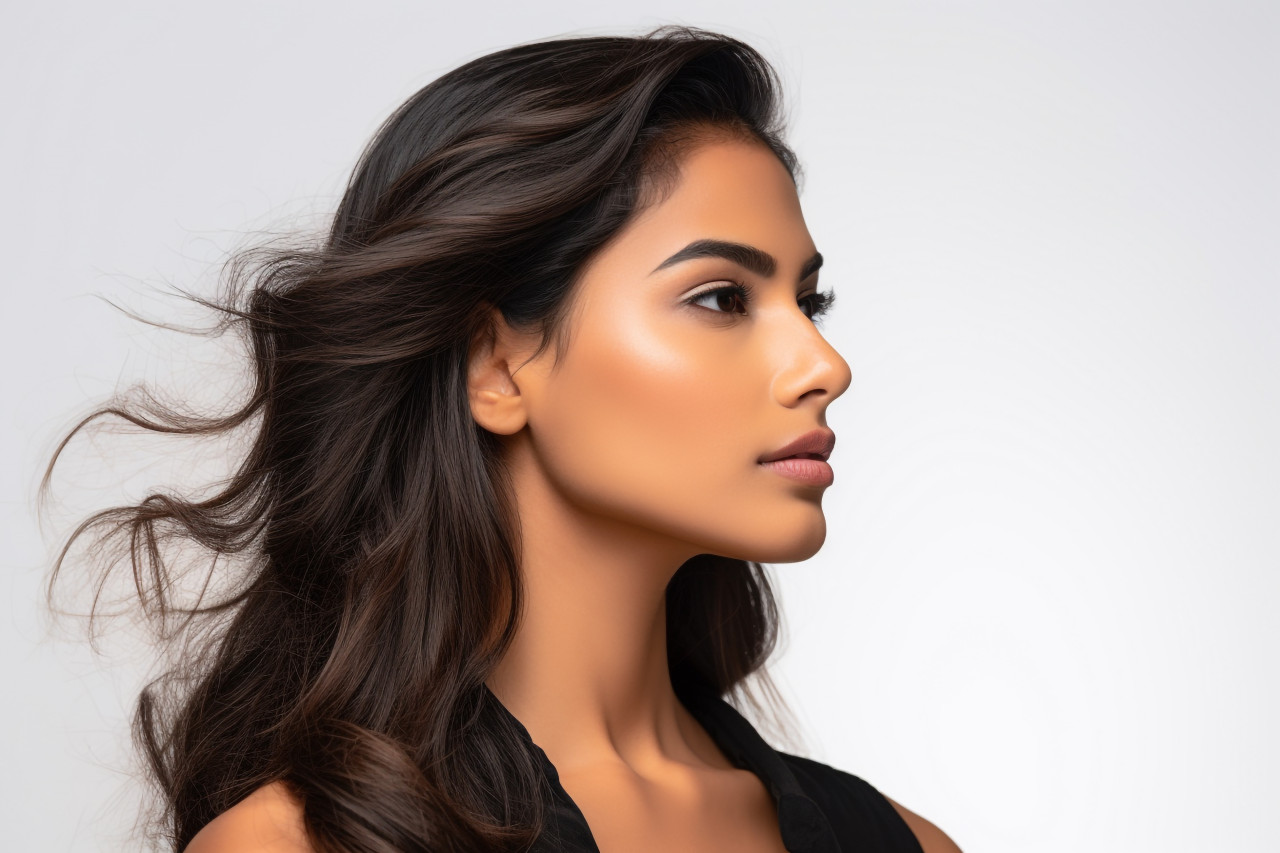 A headshot of a beautiful young indian woman looking at the camera standing in front of a white wall in a studio