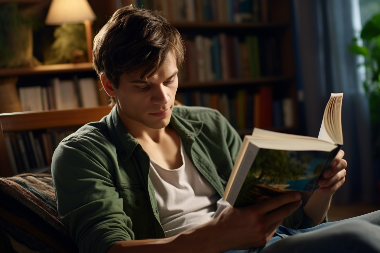 A picture of a young man who is blind reading a book with his fingers at home