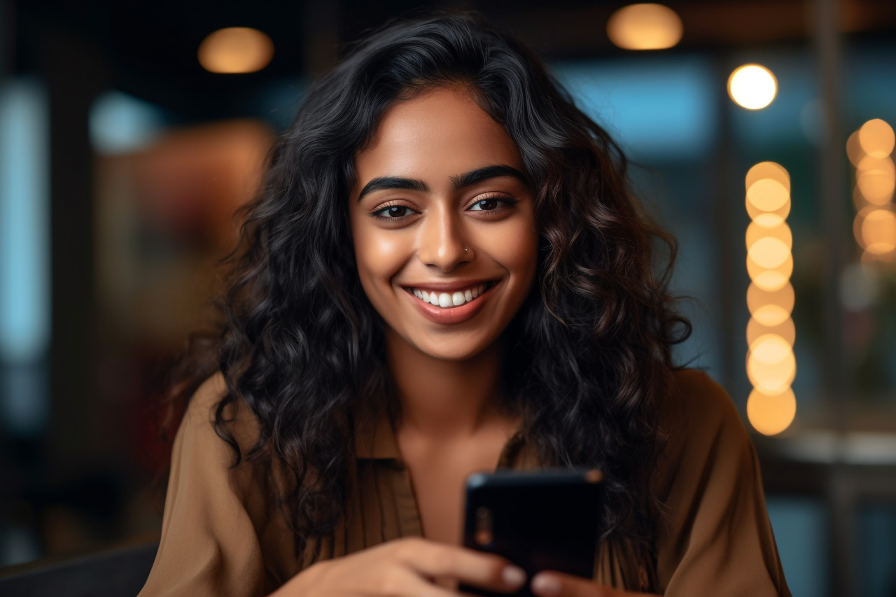 Photo of a smiling indian woman holding her smartphone at home she looks positive and young