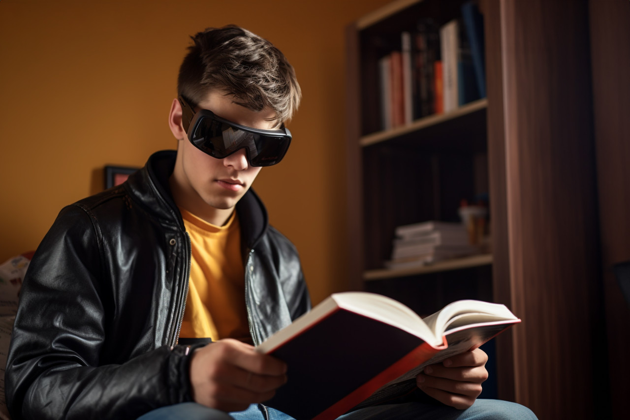 A picture of a young man who is blind reading a book with his fingers at home