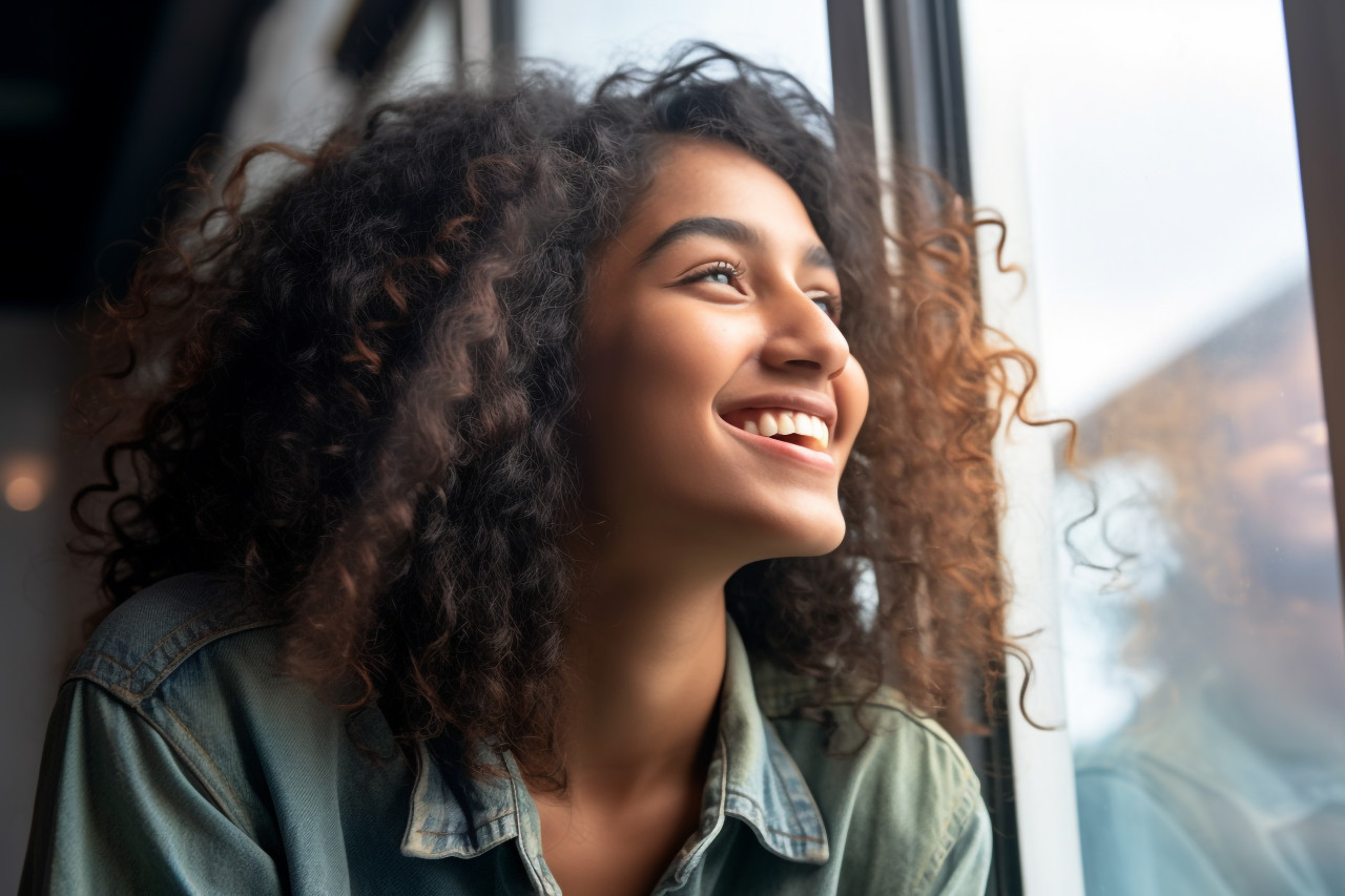 Photo of a happy young indian woman smiling and looking out the window lost in thought