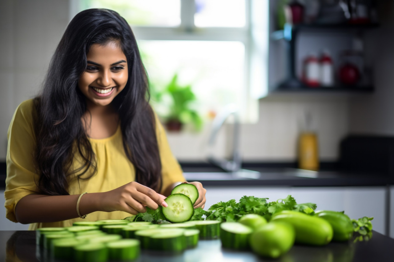 A picture of a happy indian teenage girl standing in a modern kitchen