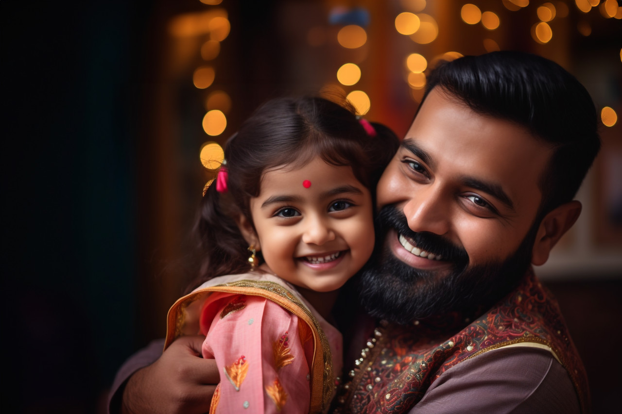 A photo of a happy single indian father and his cute little daughter hugging warmly and lovingly in traditional clothes