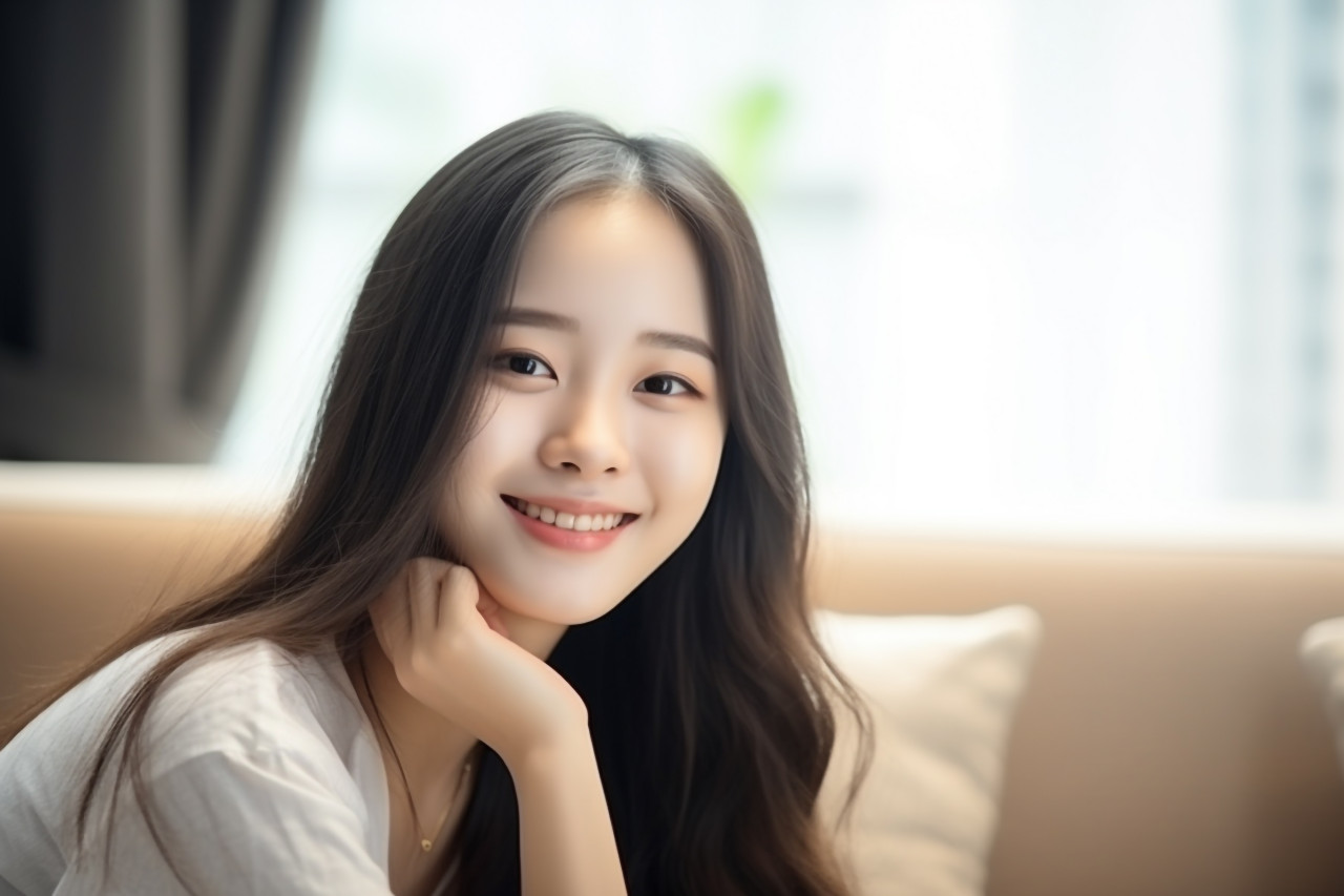 A photo of a happy asian teenage girl smiling at the camera while relaxing in her living room at home
