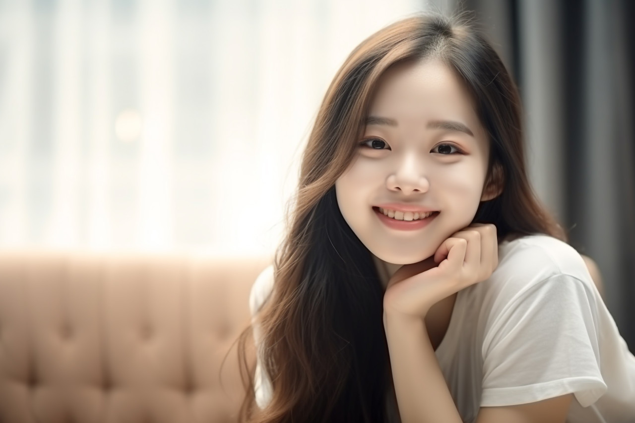 A photo of a happy asian teenage girl smiling at the camera while relaxing in her living room at home
