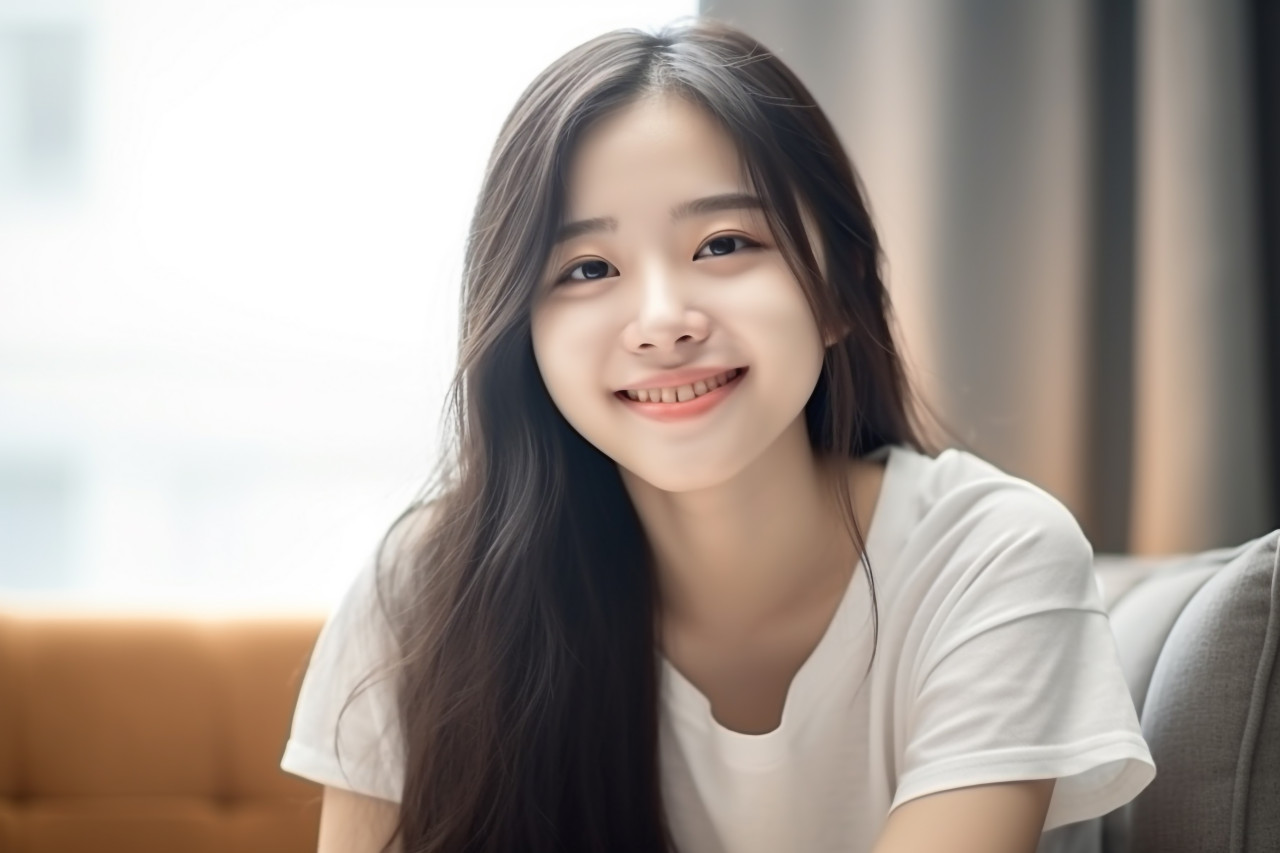 A photo of a happy asian teenage girl smiling at the camera while relaxing in her living room at home