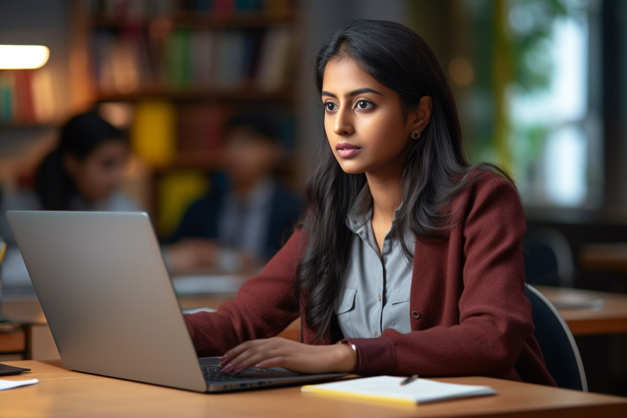 A picture of a dedicated intelligent young indian woman studying or working online on her laptop