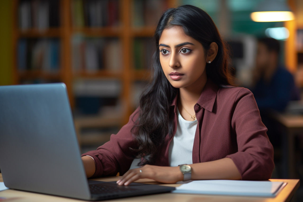A picture of a dedicated intelligent young indian woman studying or working online on her laptop