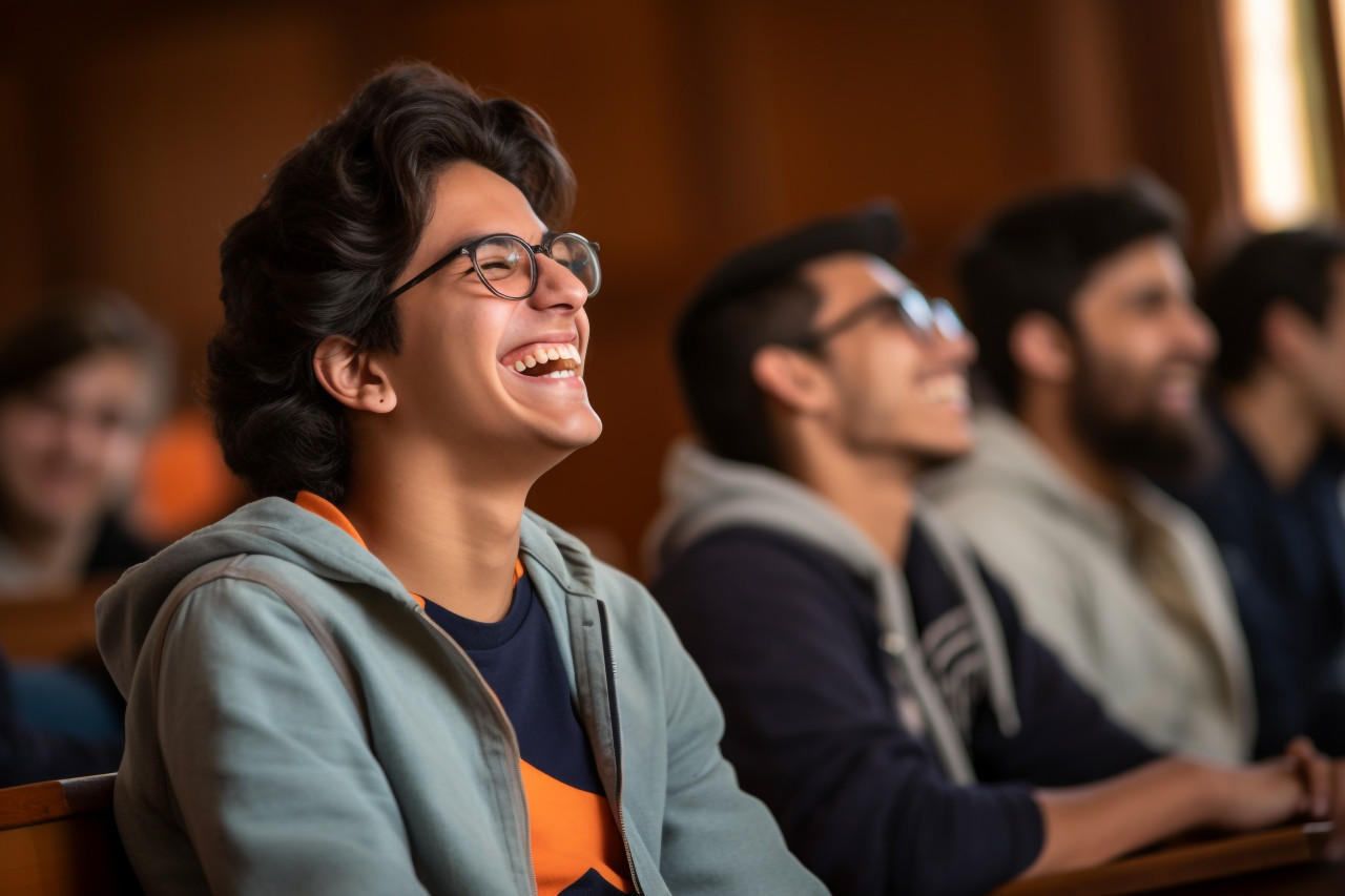 Picture of a young happy student from india and latin america laughing in a college seminar class