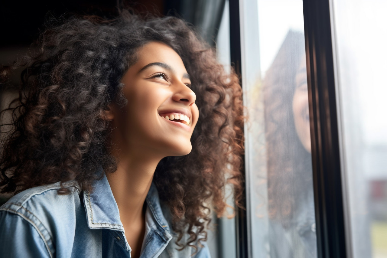 Photo of a happy young indian woman smiling and looking out the window lost in thought