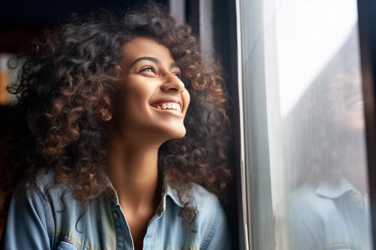 Photo of a happy young indian woman smiling and looking out the window lost in thought