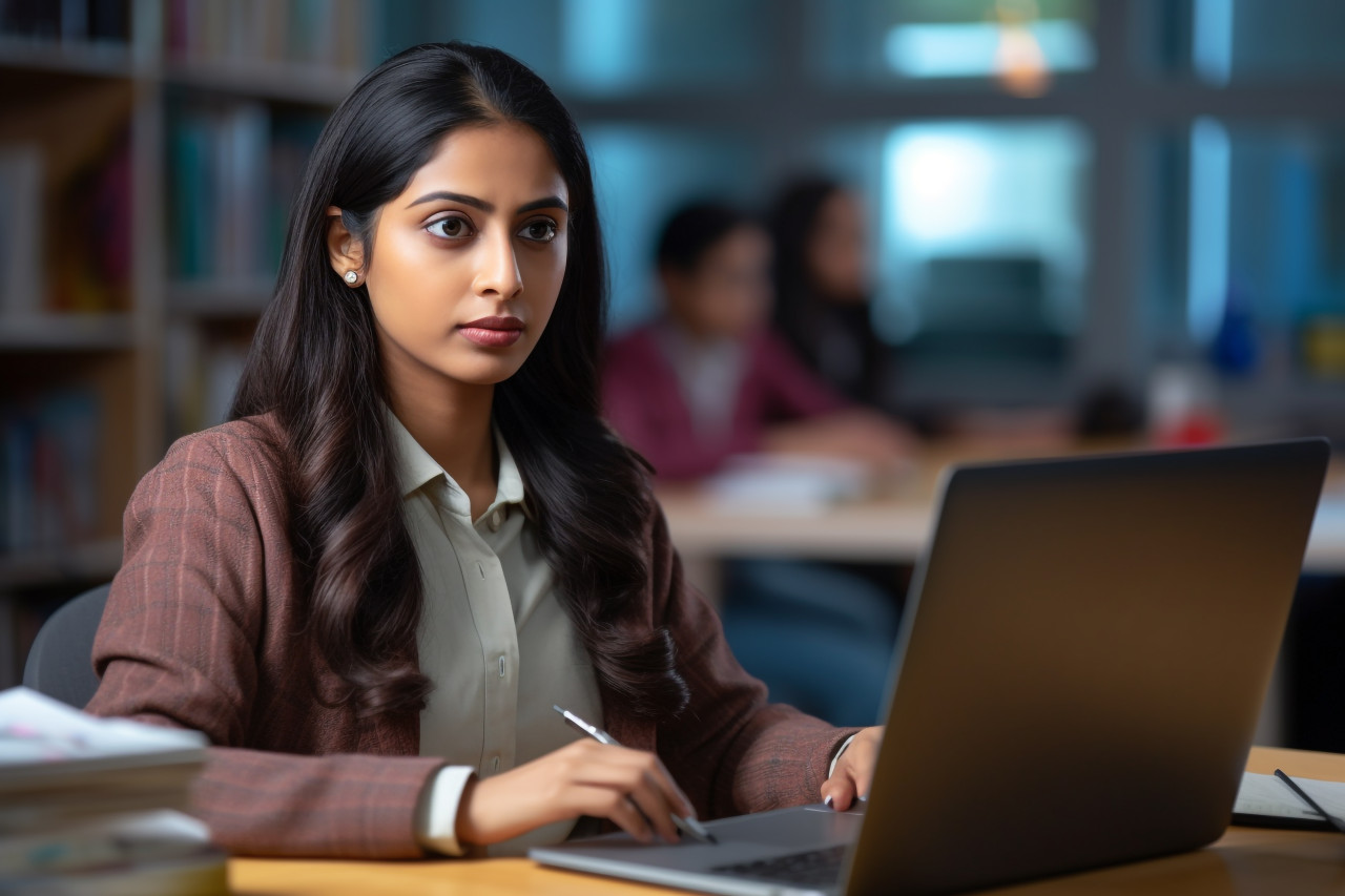 A picture of a dedicated intelligent young indian woman studying or working online on her laptop