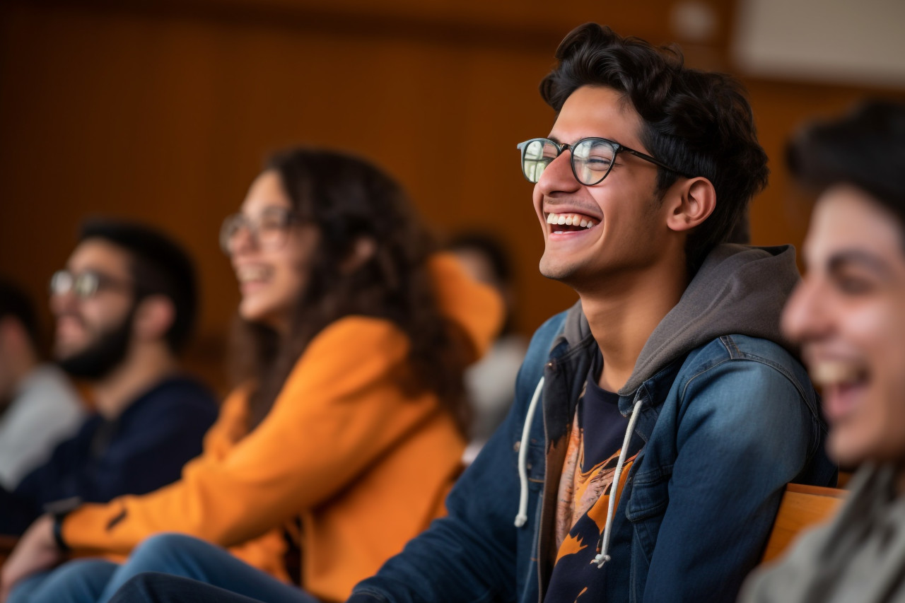 Picture of a young happy student from india and latin america laughing in a college seminar class