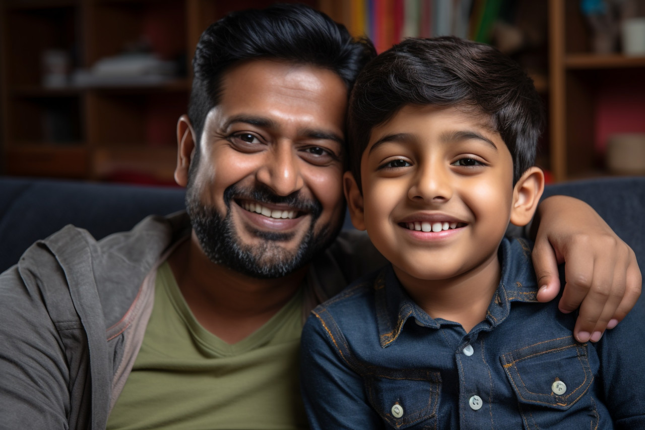 A happy indian father and son are sitting on a sofa at home and looking at the camera