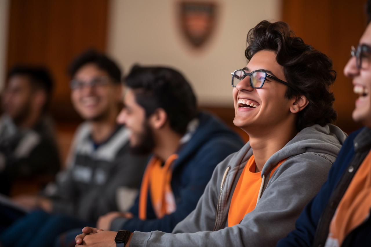 Picture of a young happy student from india and latin america laughing in a college seminar class