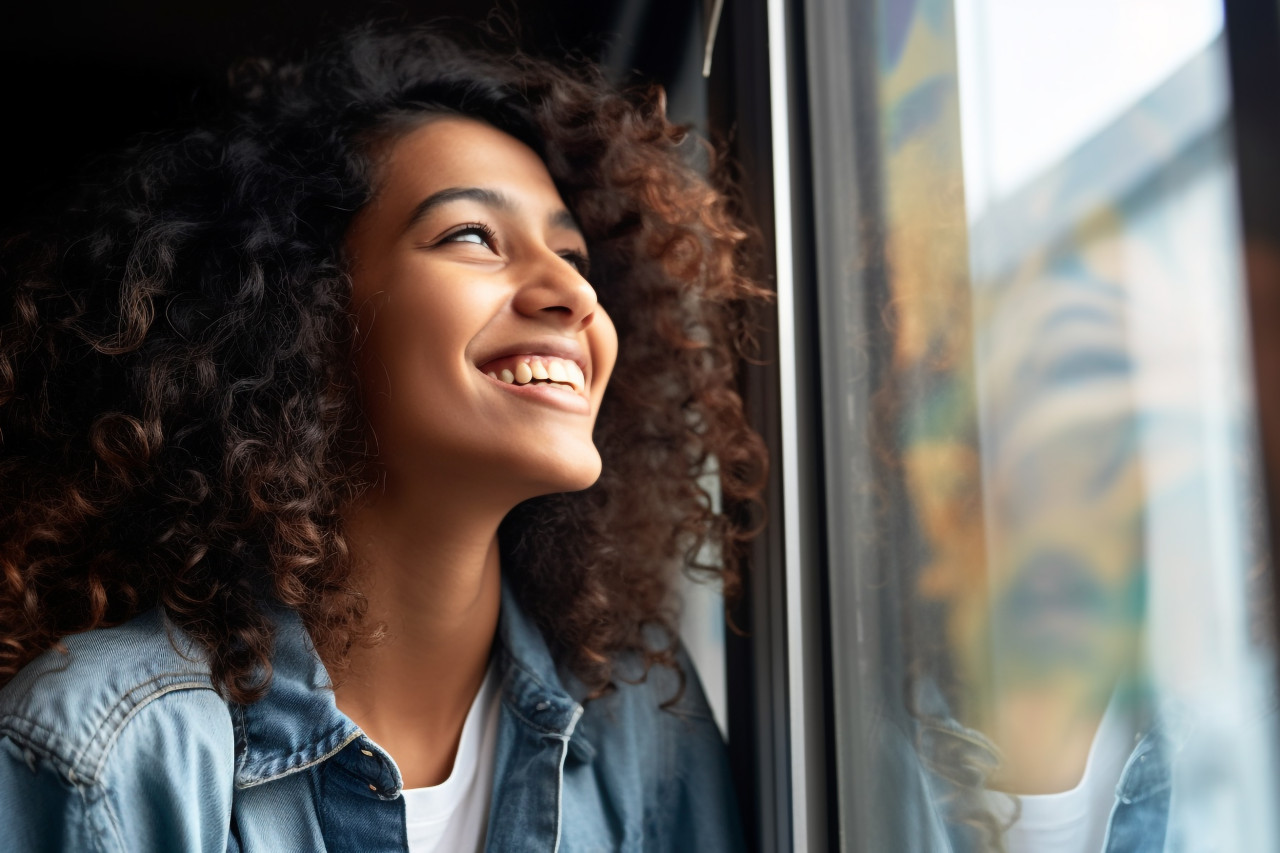 Photo of a happy young indian woman smiling and looking out the window lost in thought