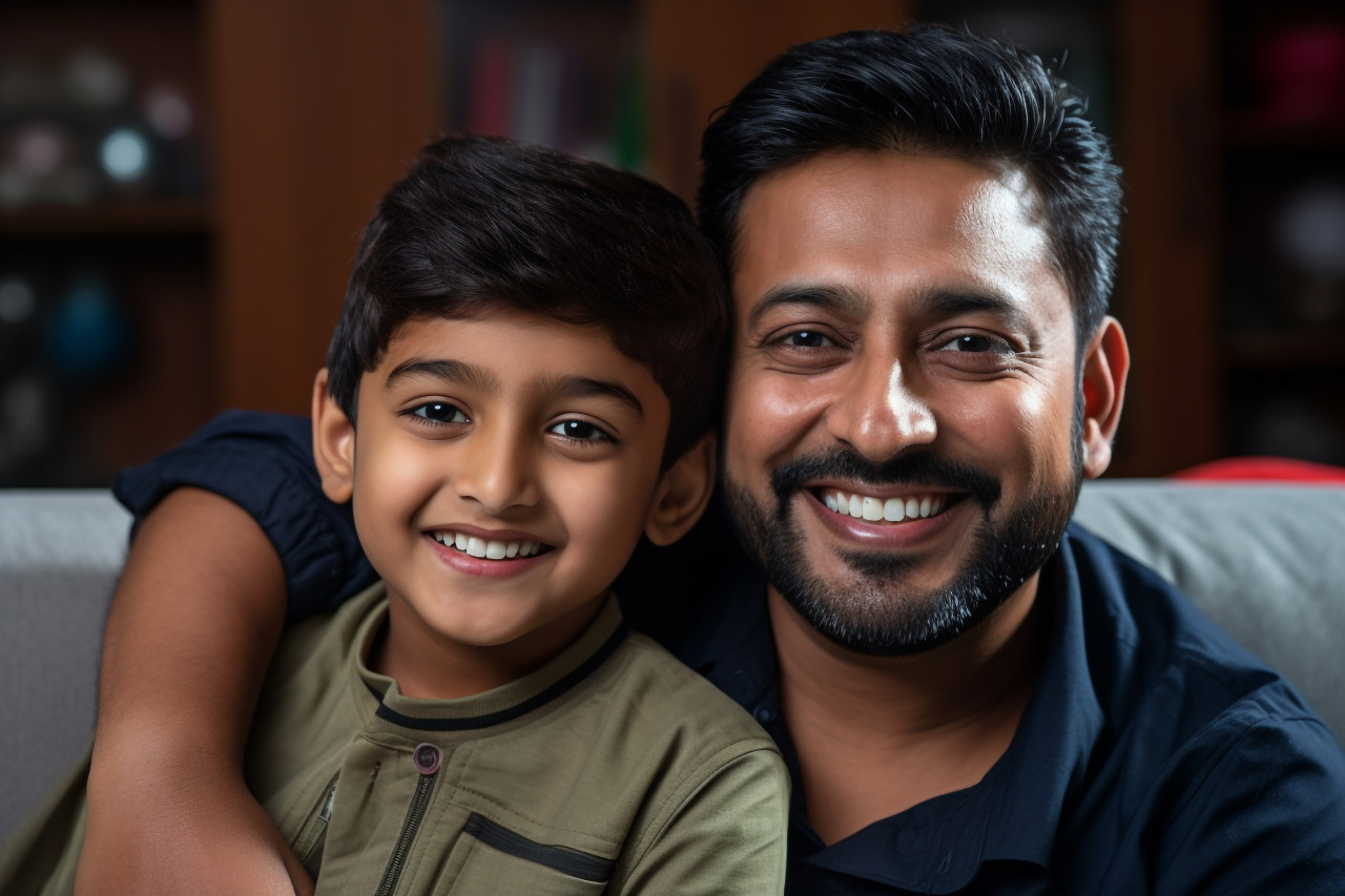 A happy indian father and son are sitting on a sofa at home and looking at the camera