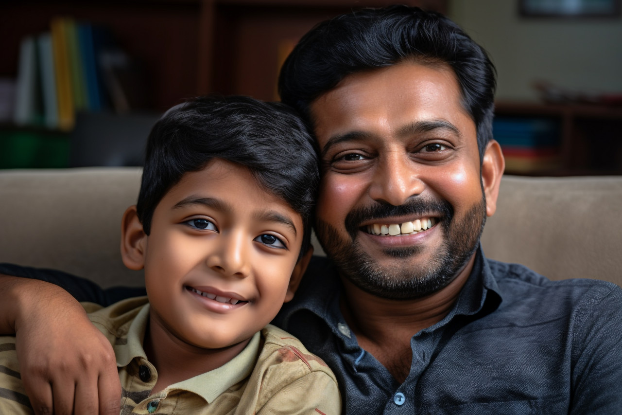 A happy indian father and son are sitting on a sofa at home and looking at the camera