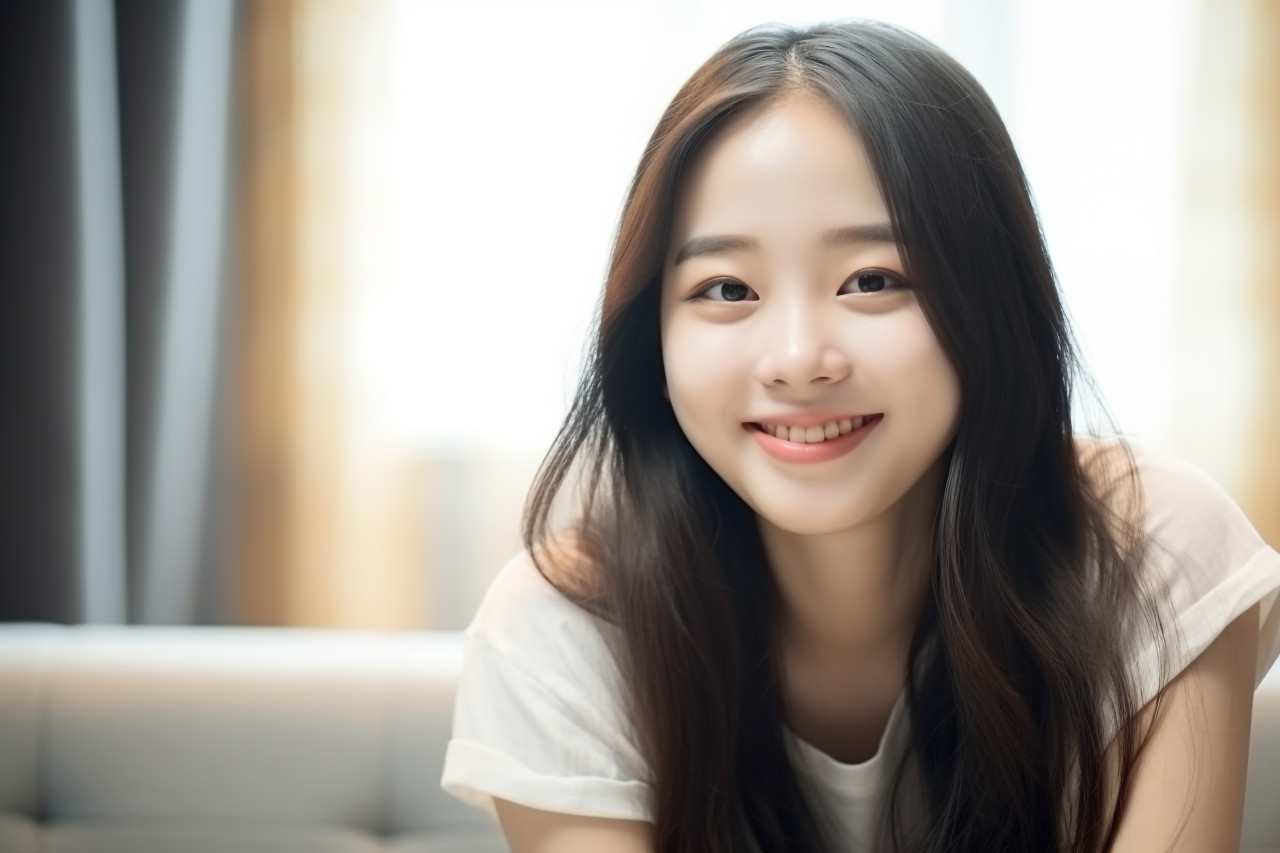 A photo of a happy asian teenage girl smiling at the camera while relaxing in her living room at home