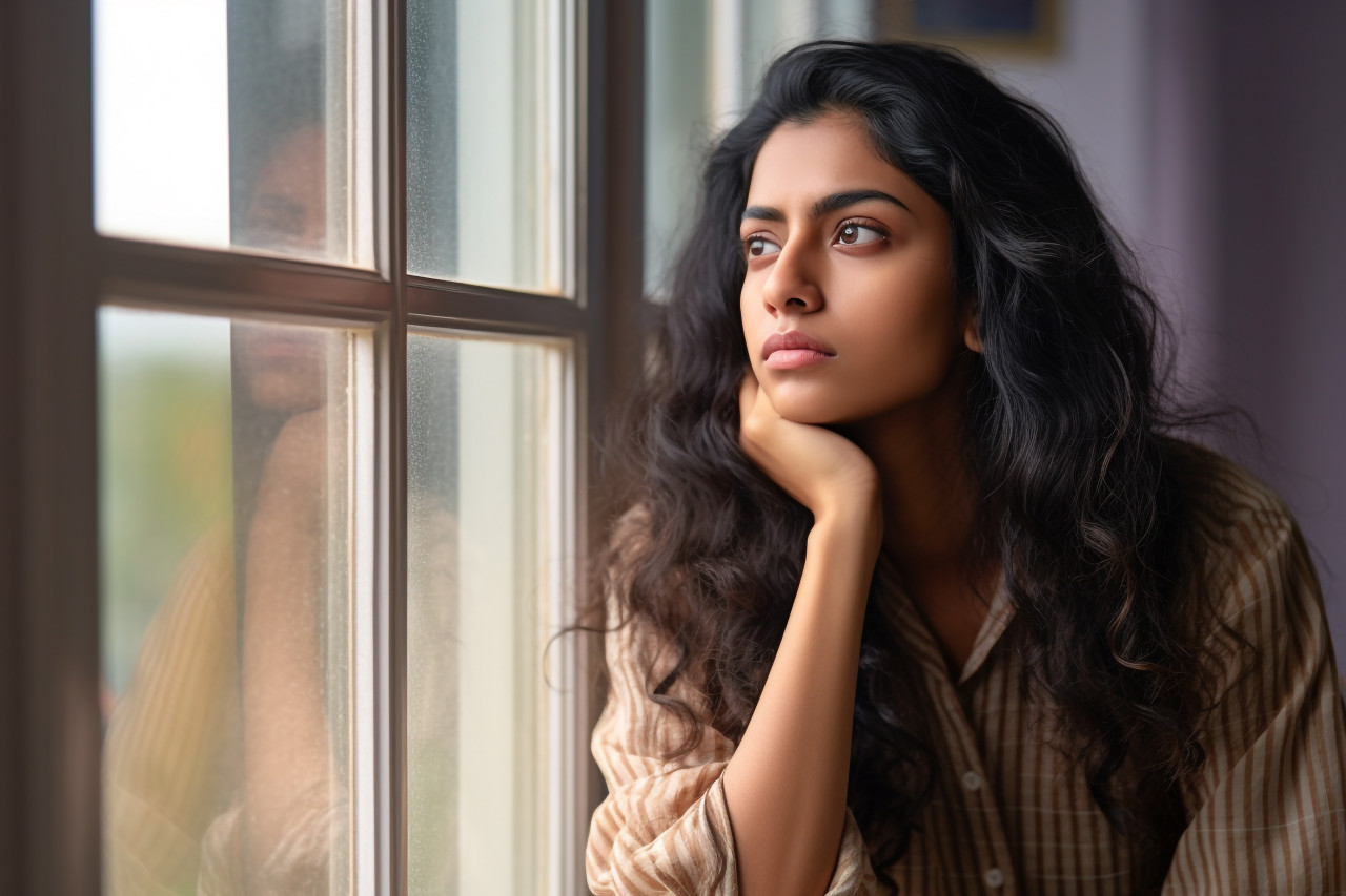 A photo of a young indian woman standing in a living room looking out the window and thinking