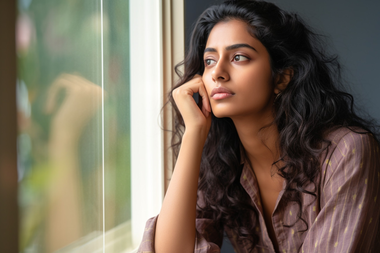 A photo of a young indian woman standing in a living room looking out the window and thinking