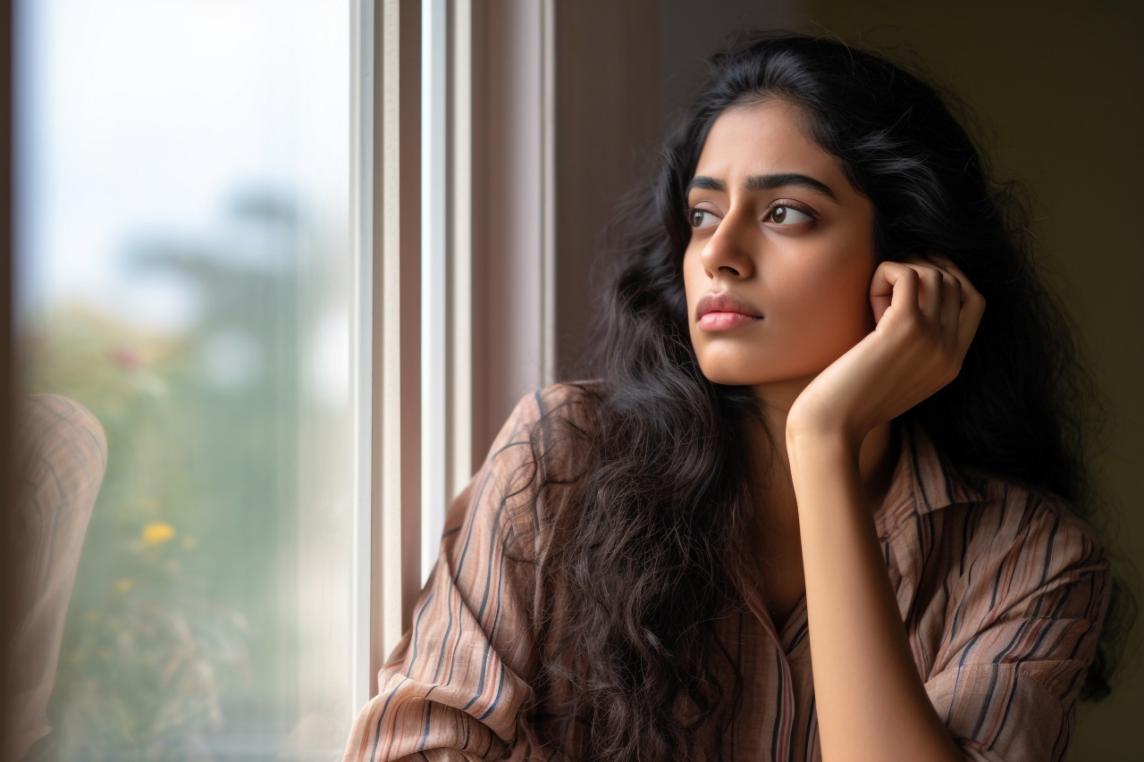 A photo of a young indian woman standing in a living room looking out the window and thinking